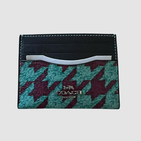 Coach Slim ID Card Case w/Houndstooth Print Teal/Wine/Silver, NWT - Picture 2 of 8